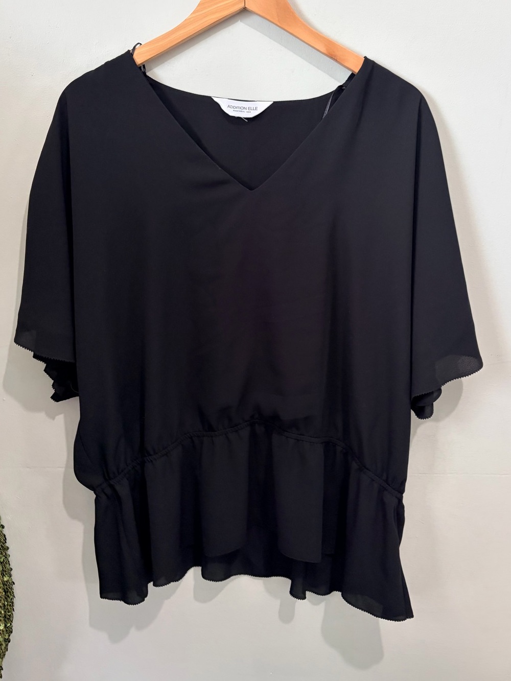 Addition Elle Plus Size 2X Black Sheer Chiffon V-Neck Flutter Sleeve Top